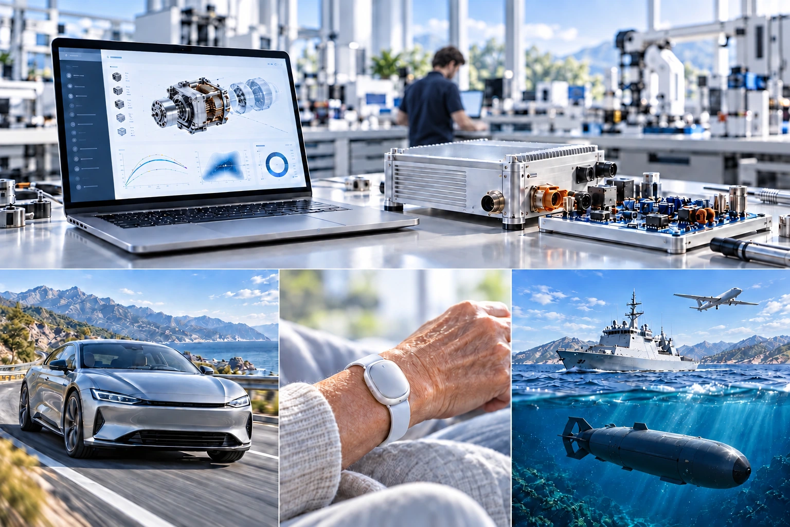 Illustrative naval ship, unmanned aircraft and windowless autonomous submarine