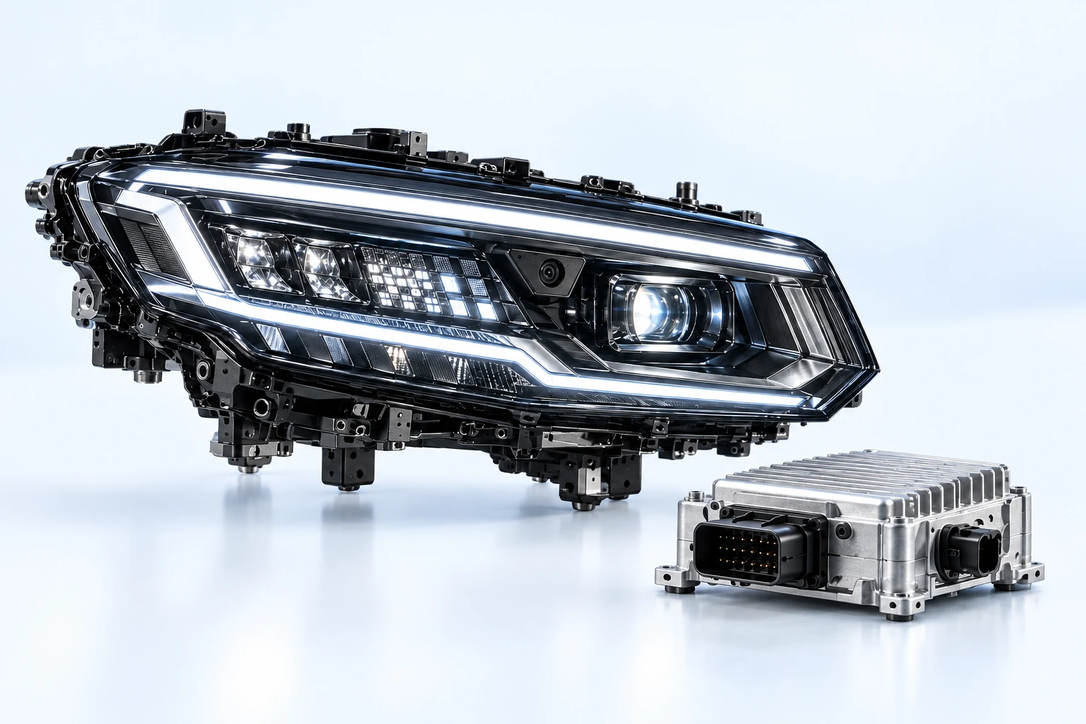 Concept visualisation of an advanced automotive headlamp with a white LED signature, matrix optics, digital projector, and silver lighting ECU in a pale-blue studio setting
