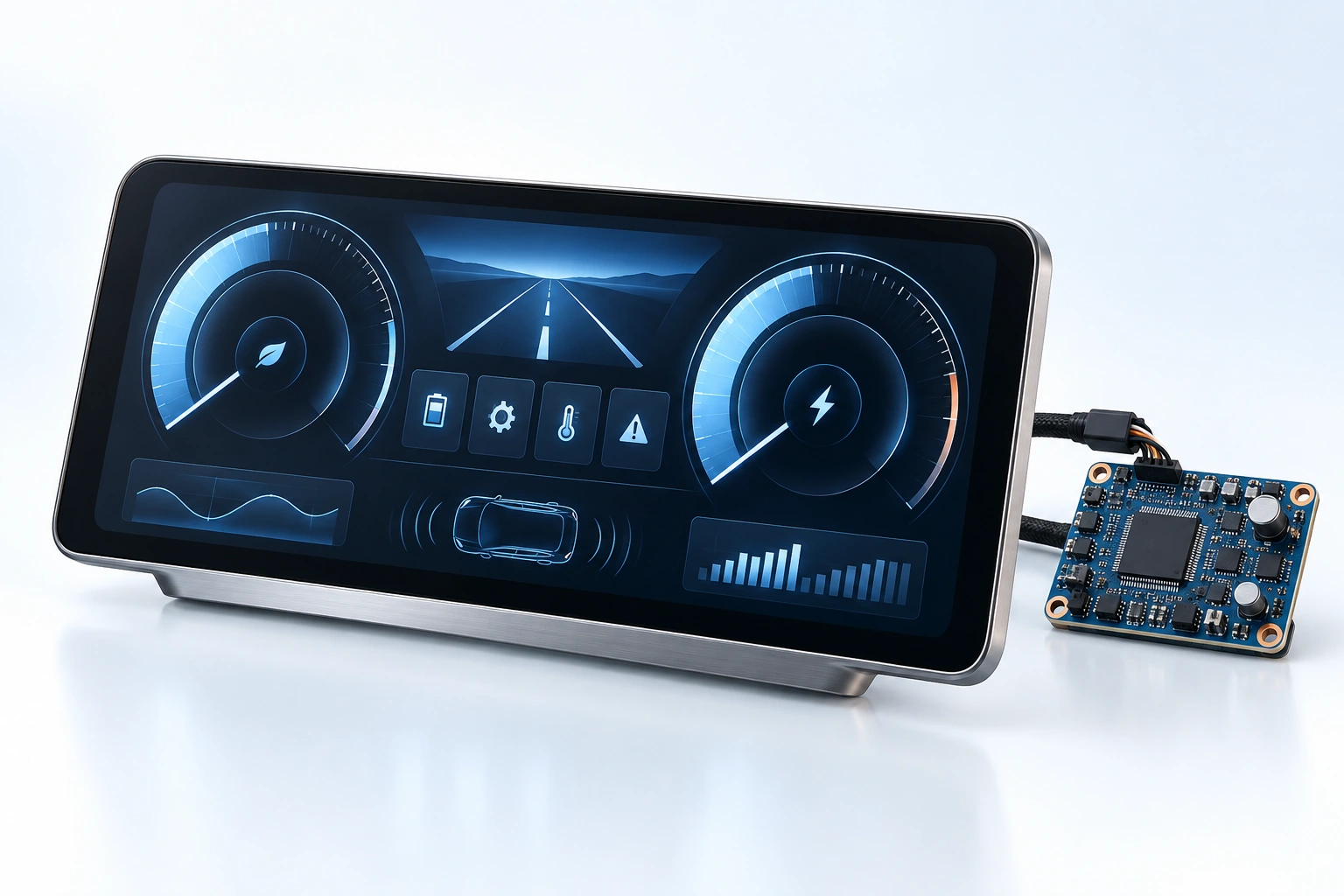 Illustrative instrument cluster with a conceptual dashboard and display-controller electronics