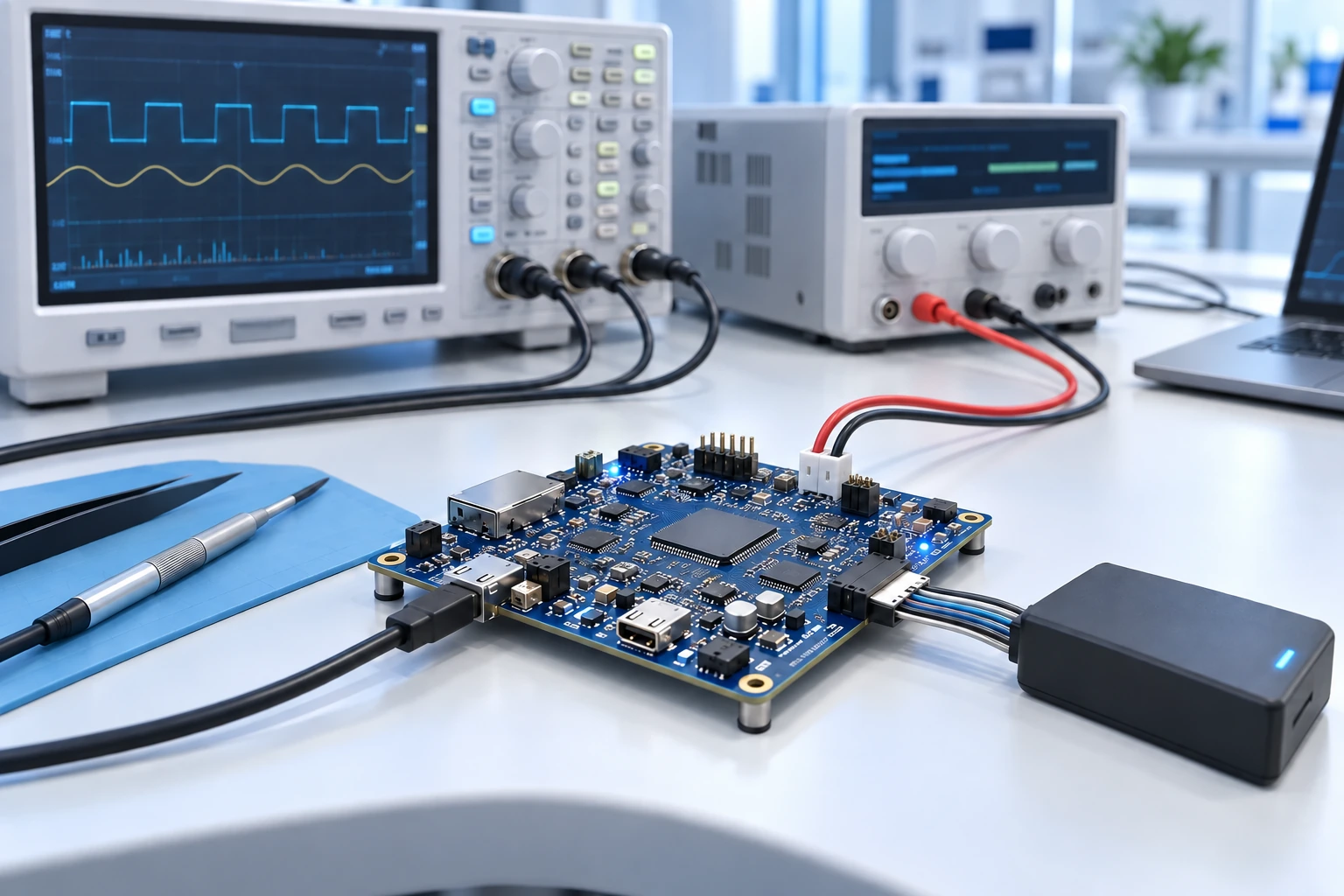 Illustrative visualisation of a prototype circuit board undergoing bench verification
