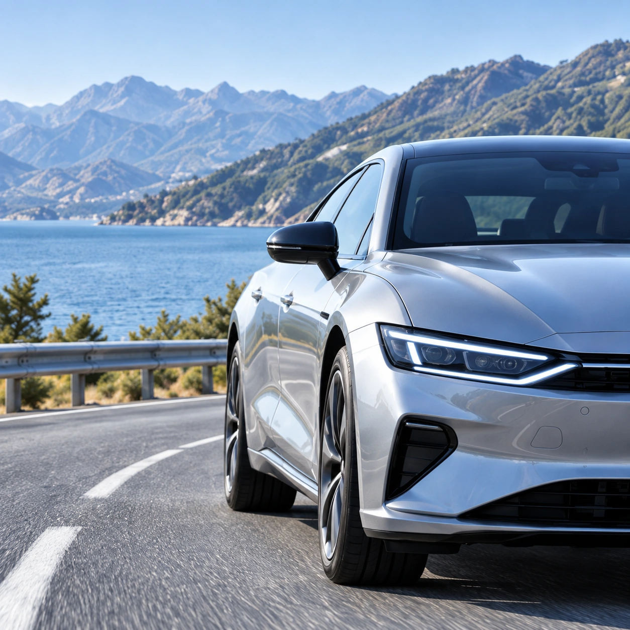 Illustrative silver car with advanced lighting on a mountain road