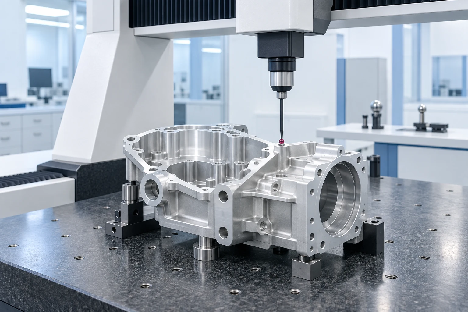 Illustrative visualisation of a coordinate measuring machine inspecting a machined housing