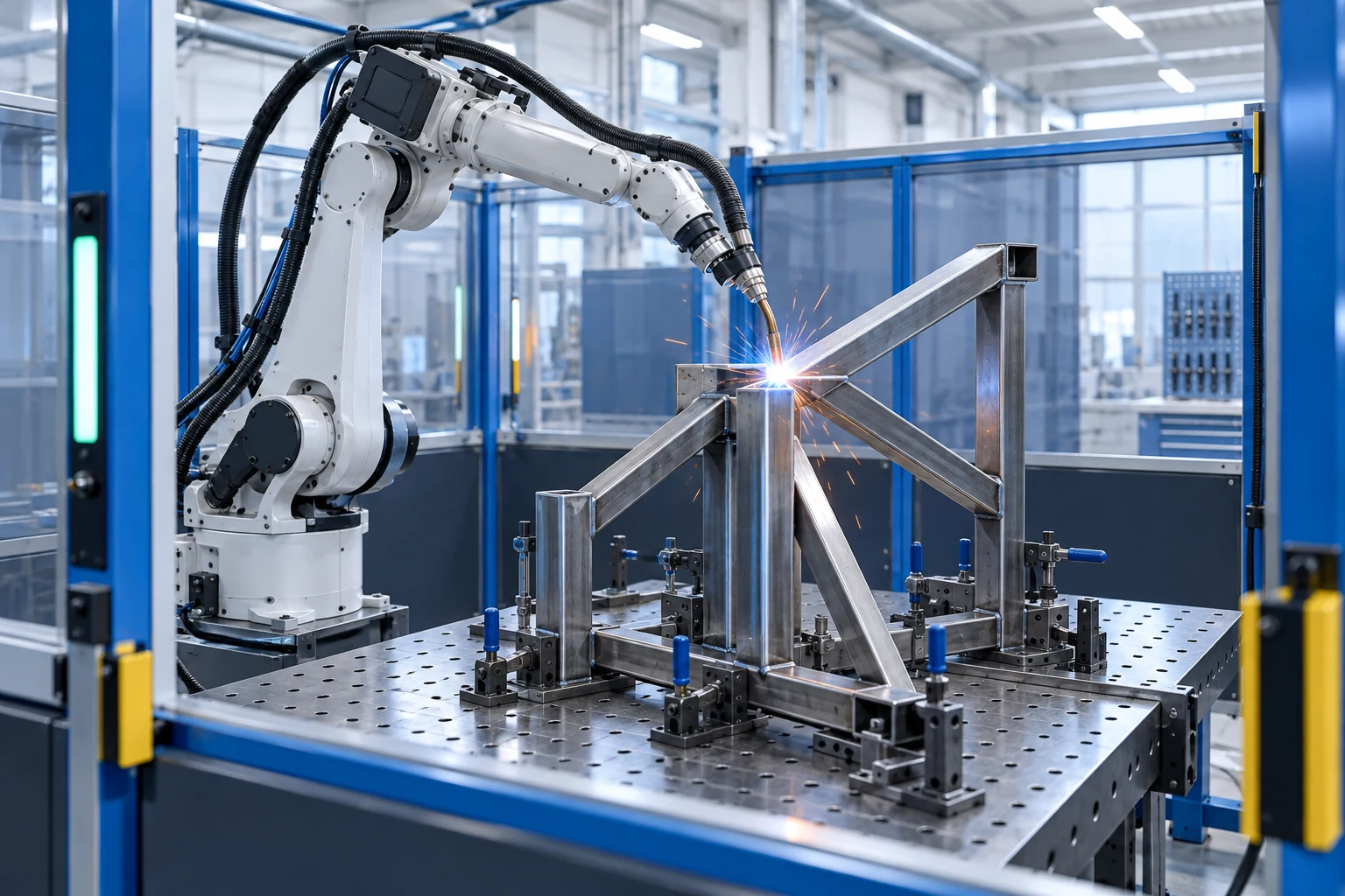 Illustrative visualisation of a robotic welding cell assembling a steel support frame