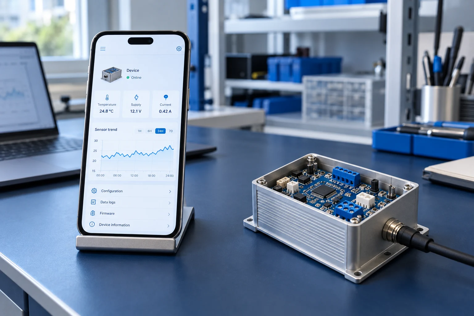 Illustrative smartphone companion app displaying measurements beside an embedded controller