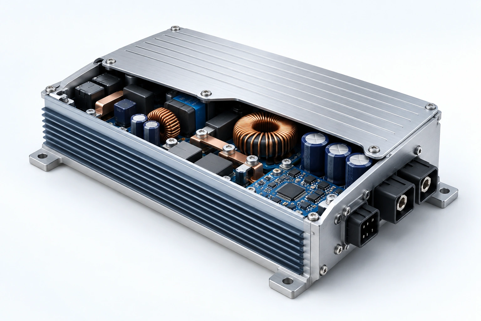 Illustrative compact power converter with its conversion stage and control electronics visible