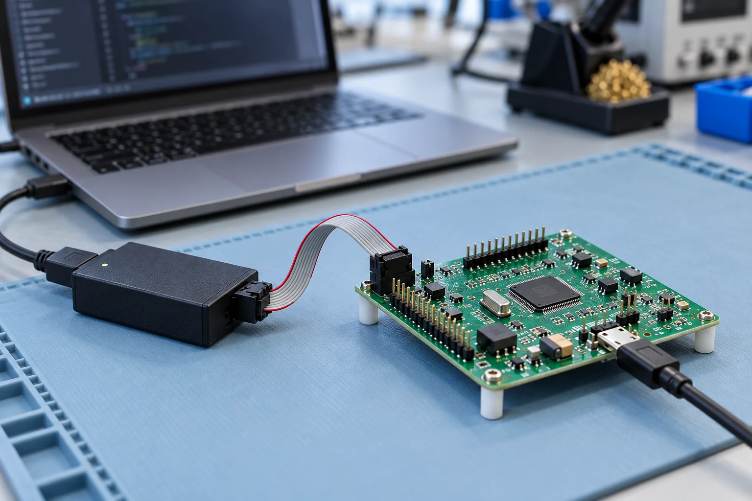 Illustrative development board and USB debugger with both ribbon-cable connectors visible beside a programming laptop