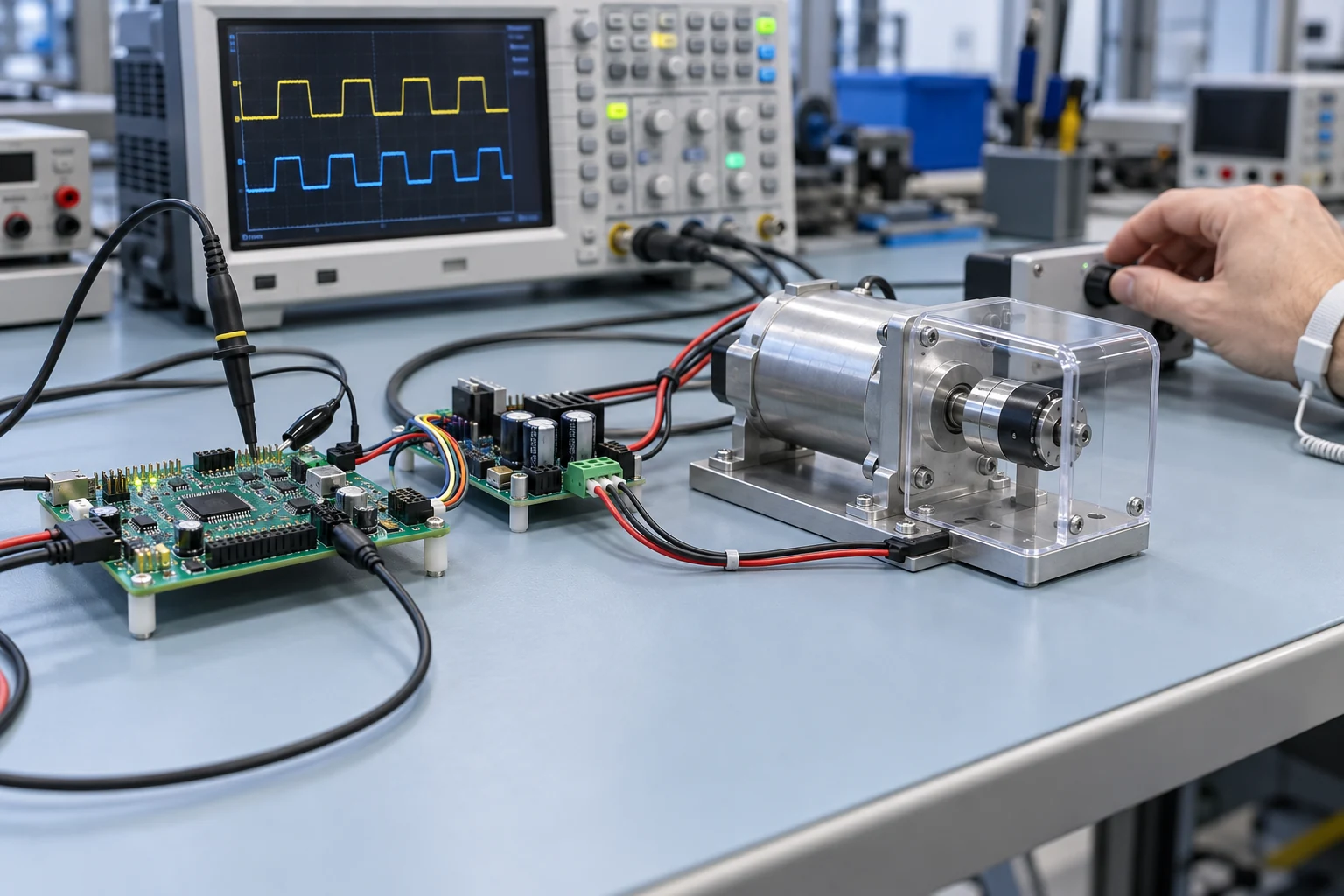 Illustrative motor control test bench with a development board, driver electronics, guarded motor and oscilloscope