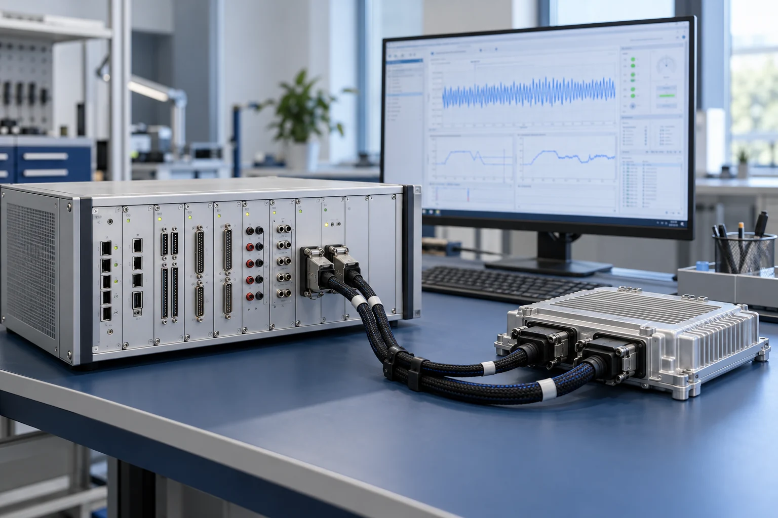 Illustrative embedded controller connected through a wiring harness to an industrial real-time simulator