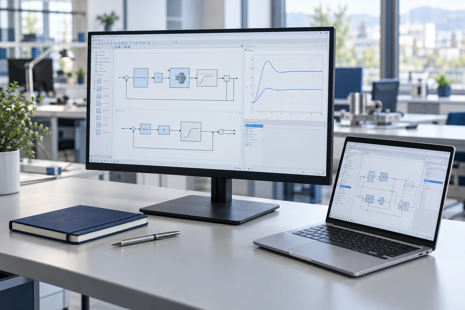 Illustrative computer workstation showing control models and simulated responses, without a physical controller
