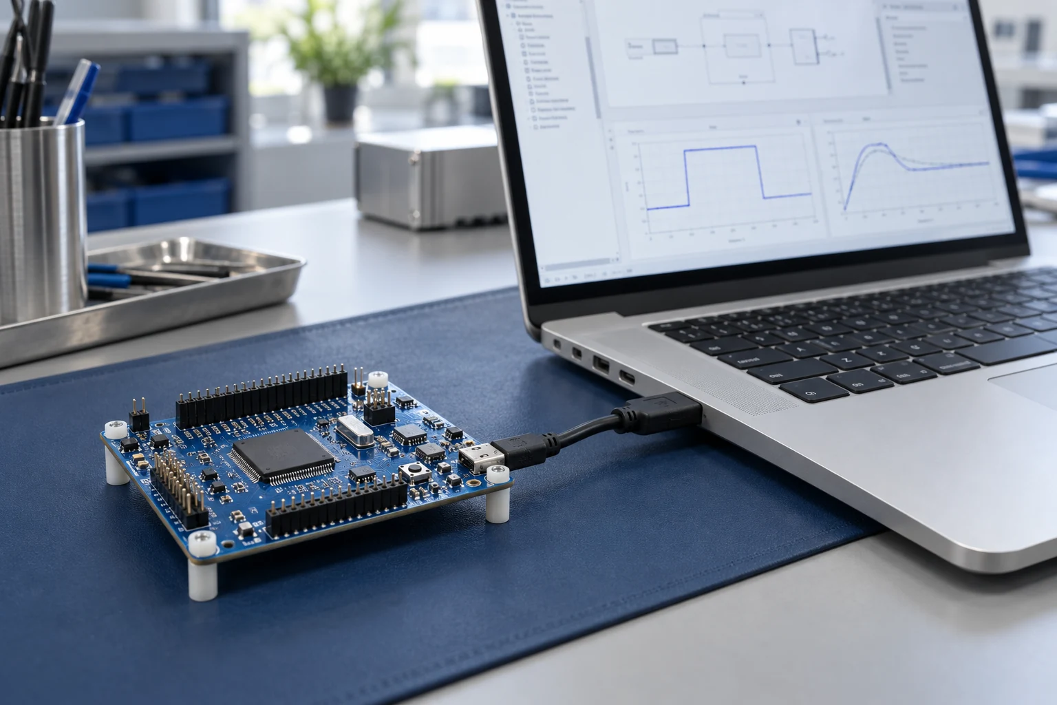 Illustrative microcontroller development board connected to a laptop for processor-in-the-loop testing