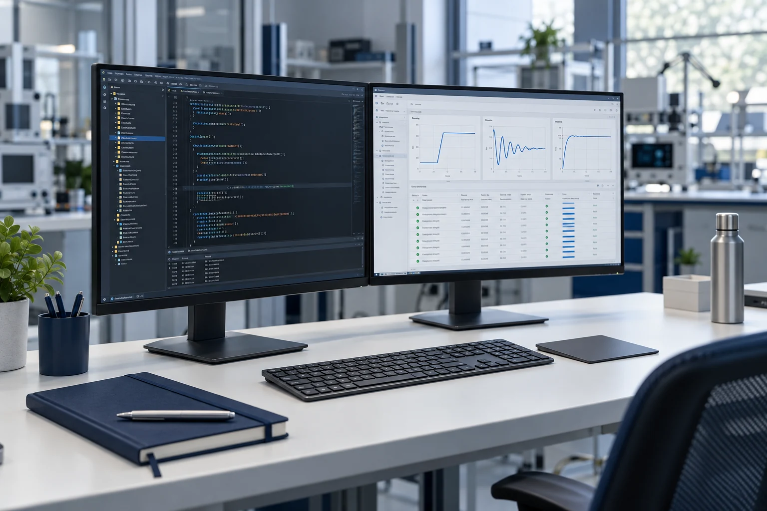 Illustrative software workstation showing a code editor and test comparison results on two monitors